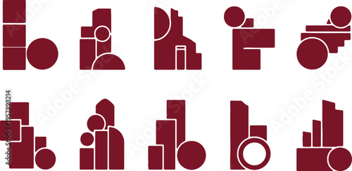 Abstract geometric icons composed of interconnected shapes resembling modern symbols