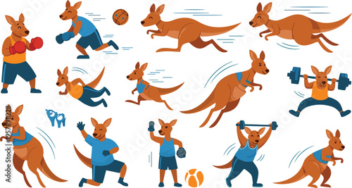 Kangaroo fitness and sports activities set with boxing, running, jumping and weightlifting exercises, active animal cartoon vector illustration collection