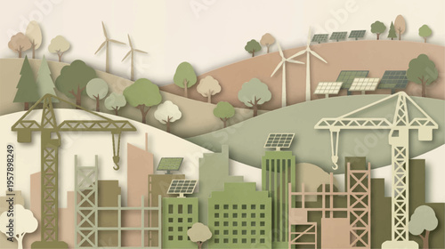 Construction site with cranes and wind turbines in green landscape