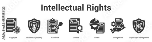 Intellectual Rights web banner icon set vector illustration concept for business with icon of Copyright, Intellectual property, Trademark, License, Patent, Infringement, Digi.