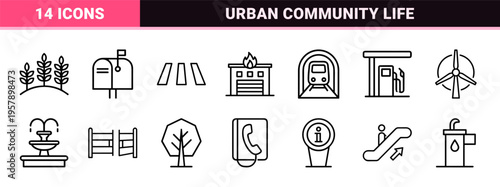 Urban Infrastructure and Public Service Monoline Outline Symbols Featuring Government Buildings, Healthcare Facilities, and City Utilities.