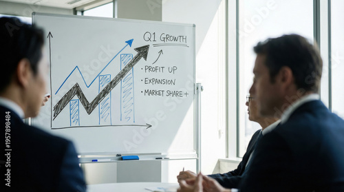Business meeting with team analyzing Q1 growth chart with upward trend