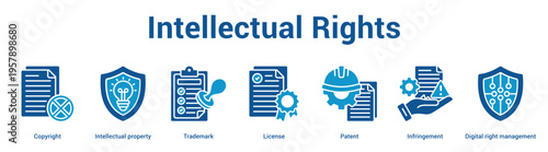 Intellectual Rights web banner icon set vector illustration concept for business with icon of Copyright, Intellectual property, Trademark, License, Patent, Infringement, Digi.