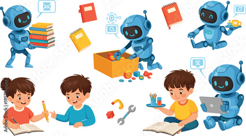 Kids learning with robots set featuring reading, writing, coding and STEM activities, technology education and AI assistant cartoon vector illustration collection
