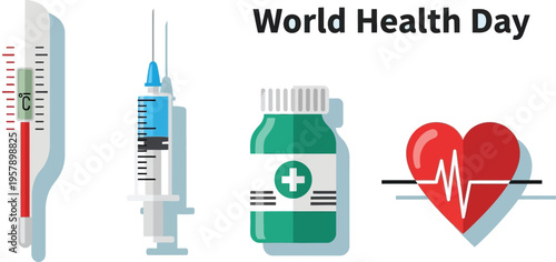 Medical icon set with syringe injection and healthcare elements vector illustration World Health Day