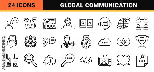 Minimalist communication and speaking icon set featuring geometric monoline symbols for global interaction, digital broadcasting, and vocal dialogue.