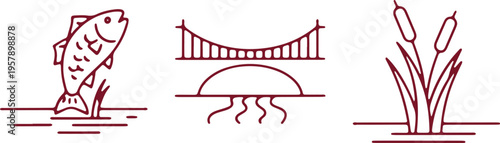 Illustrations depicting aquatic life and dam structure near cattails