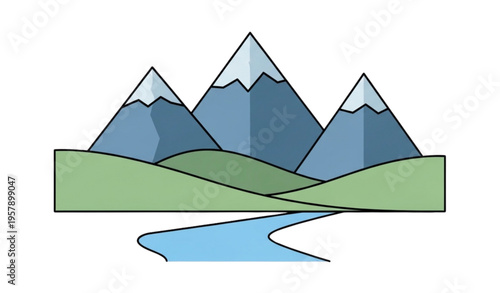 A minimalist vector illustration of a mountain range with a river