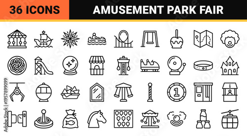 Minimalist Monoline Carnival and Amusement Park Geometric Line Art Set for Professional Wayfinding and UI Design Interfaces
