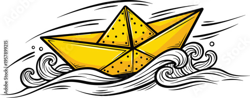 Yellow paper boat sailing on wavy sea with dynamic lines in comic book art style vector illustration