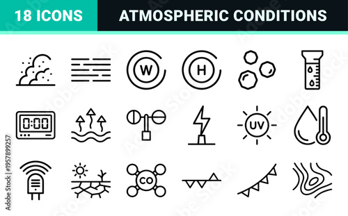 Meteorology and Weather Forecast Line Art Featuring Ultra Minimalist Monoline Symbols for Atmospheric Science and Climate Monitoring Apps