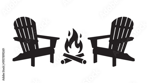 Black Silhouette Of Two Adirondack Chairs Facing Fire Pit On White Background For Outdoor And Camping Concepts
