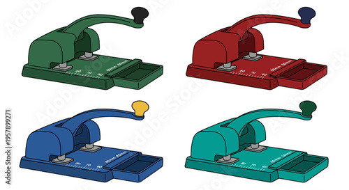 Four colorful vintage hole punchers displayed against a white background
