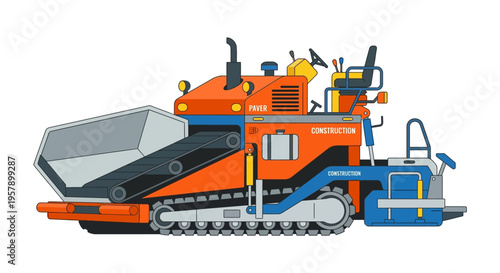Illustration of an orange and blue paver construction machine