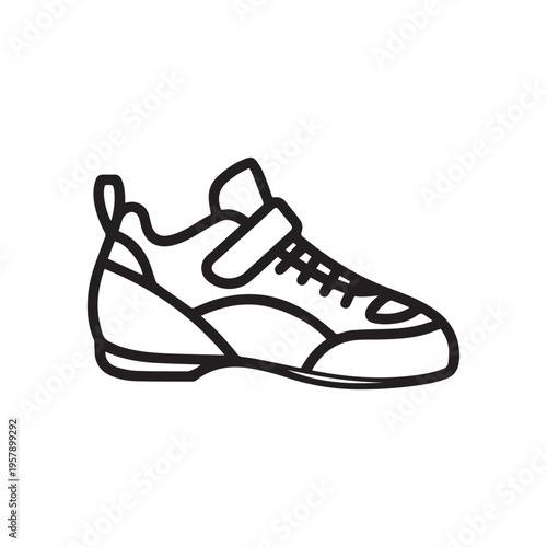 Outline icon of a climbing shoe with laces and a vector strap, isolated on