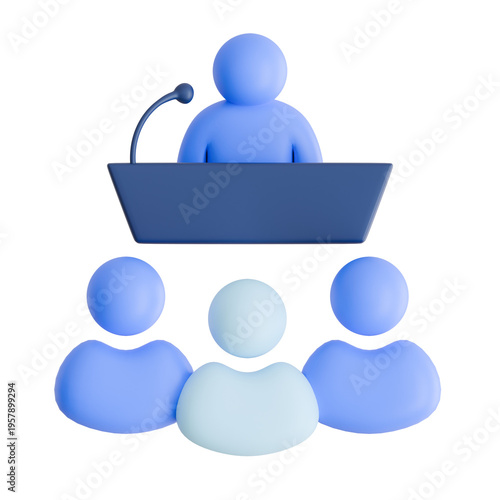 3D icon of a presenter at a podium with a microphone giving a speech to an audience.