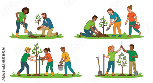 Diverse group of people collaboratively planting trees and tending to nature