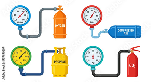 Industrial gas tanks and pressure gauges in a cartoon illustration style