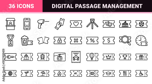 Minimalist Monoline Ticket and Event Access Icons, Geometric Line Art for Cinema, Travel, and Concert Passage Digital Assets.