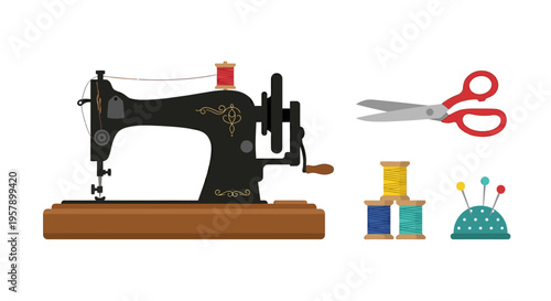 Vintage sewing machine with colorful threads scissors and sewing notions