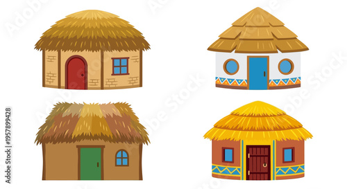 Four colorful huts with thatched roofs in a cartoon style illustration
