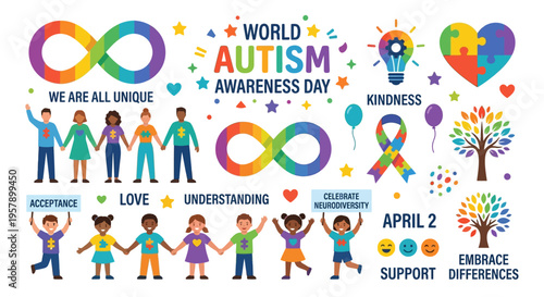 World autism awareness day illustration with colorful symbols and diverse people