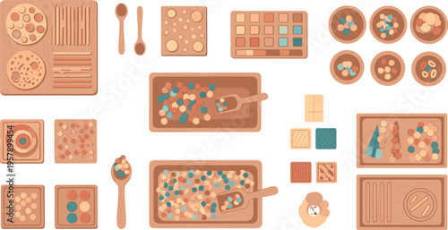 Wooden board game set with colorful pieces, dice and trays, abstract tabletop strategy elements, minimal flat design vector illustration collection