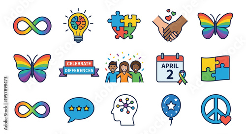 Colorful icons representing autism awareness diversity and mental health