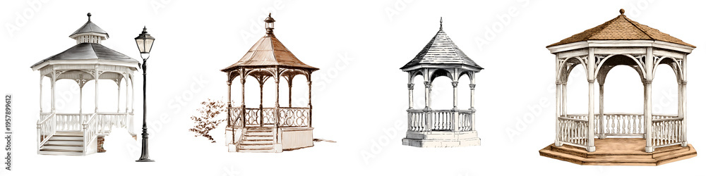 Fototapeta premium Set of Watercolor Gazebos and Pergolas. Outdoor Structure Illustration for Landscape Design, Parks, and Gardens.