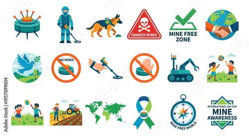 Icons representing mine awareness safety and global demining efforts