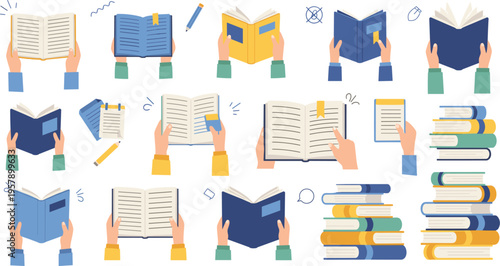 Hands holding books reading set with open and closed books, studying and education concept, library and learning cartoon vector illustration collection