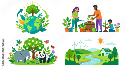 People nurture a thriving earth with plants trees and wildlife
