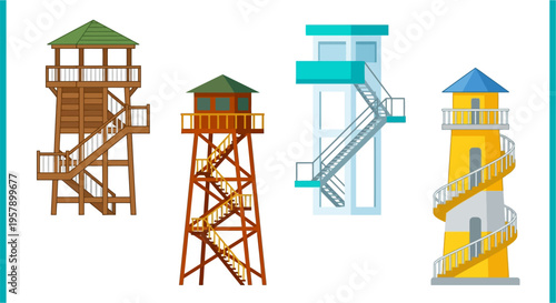 Illustration of four different watchtowers and lifeguard stands