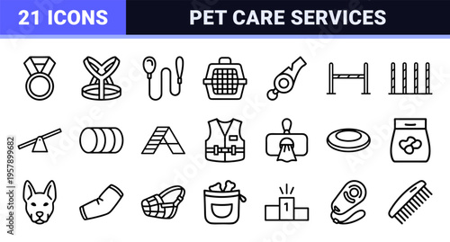 Canine Training and Agility Sports Geometric Line Art Outline Symbols for Professional Pet Care Services and Domestic Dog Competition Branding.