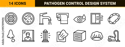 Pathogen Prevention and Hygiene Control Minimalist Monoline Icon Set featuring Geometric Line Art for Healthcare and Safety Design.