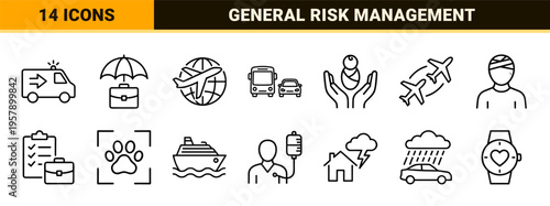 Insurance and Risk Management Minimalist Monoline Outline Icons for Financial Protection, Medical Healthcare, and Commercial Safety Design.