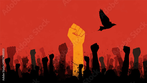 Vector illustration of raised fists and bird on red background