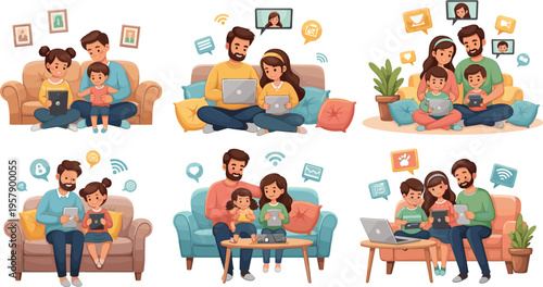 Modern family using digital devices set with parents and children on sofa, smartphones, tablets and laptop, social media and online communication vector illustration