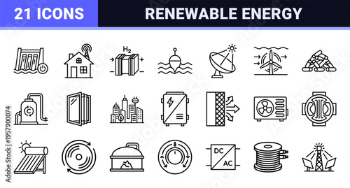 Sustainable Energy Infrastructure and Renewable Power Generation Minimalist Monoline Geometric Outline Icon Set for Environmental Industry.