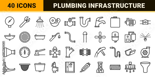 Industrial Plumbing Infrastructure and Pipeline Engineering Minimalist Monoline Geometric Outline Design Elements for Commercial Utility