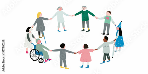 Diverse group of people holding hands in a circle representing unity
