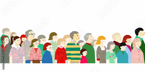 A diverse group of illustrated people standing in a single line