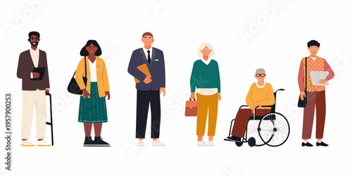 Diverse group of people standing and posing including a wheelchair user