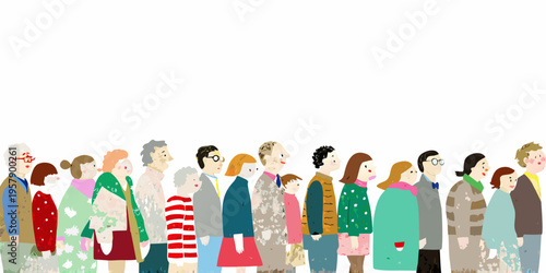 A diverse group of illustrated people standing in a single line