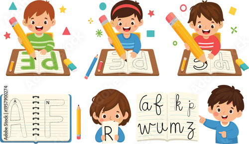 Cute kids learning alphabet writing with pencils and books, preschool education cartoon characters practicing letters, school learning vector illustration set