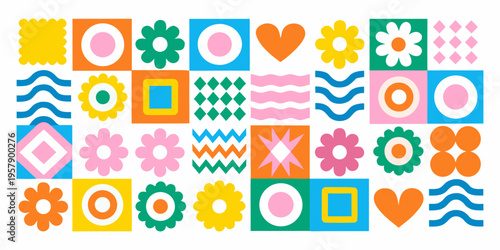 A colorful pattern of geometric shapes and floral designs fills the frame