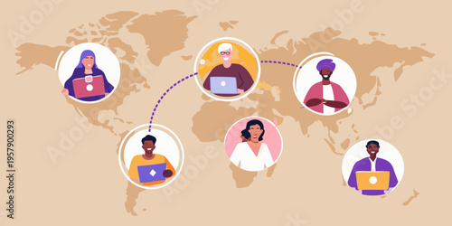 Diverse group of people connecting virtually across a world map