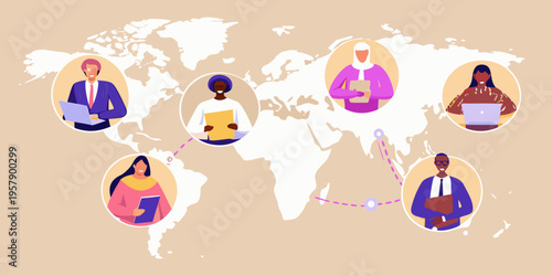 Diverse group of people connecting virtually across a world map