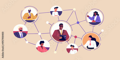 Diverse group of professionals connected in a networking illustration