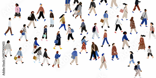 A diverse group of illustrated people walking in various fashionable outfits